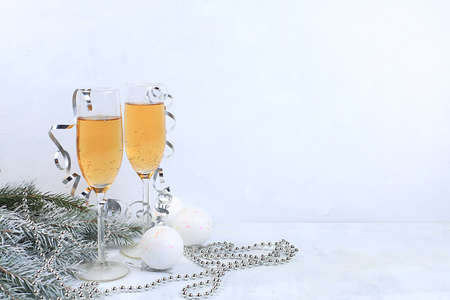 Champagne and holiday decorations, Christmas and New Year background, grunge, place for text. New year greeting card, selective focus, banner for display,の写真素材