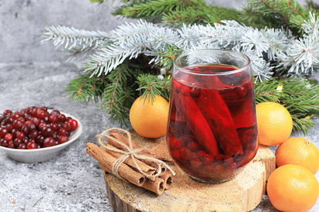 Strong alcoholic or non-alcoholic cranberry and cinnamon spiced cocktail, warming winter drink in...