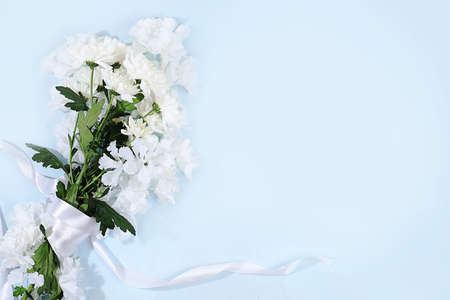 Abstract flower arrangement, still life, spring banner, chrysanthemum bouquet with place for text on gray background. Mother's day card, womens day, valentine's day, happy birthday, wedding, selective focusの写真素材