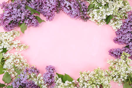 Abstract floral composition flat lay, background, spring banner. Frame made of lilac branches on a pink table. Mothers day card, womens day, happy birthday, wedding, place for text,の写真素材