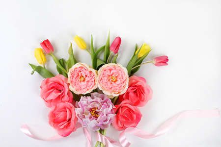 Spring or summer flower composition, still life, banner, minimal holiday concept. Greeting card for...