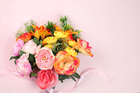 Abstract spring or summer composition, Holiday concept with flowers, still life, banner. Greeting card for mothers day, womens day, lovers day, happy birthday, wedding, selective focus, gift for loved ones,の写真素材