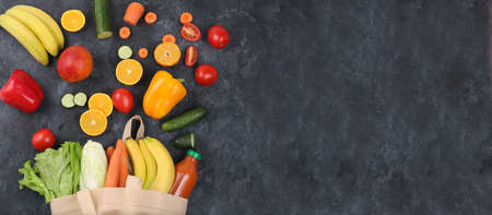 Healthy natural food in eco bag, healthy lifestyle concept, zero waste. Food delivery, donation,...