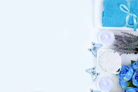 Spa and wellness composition with aromatic water, lavender, towels, aromatherapy and skincare, lifestyle concept, invitation and advertising card,の写真素材