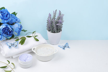 Spa and wellness composition with aromatic water, lavender, towels, aromatherapy and skincare, lifestyle concept, invitation and advertising card,の写真素材