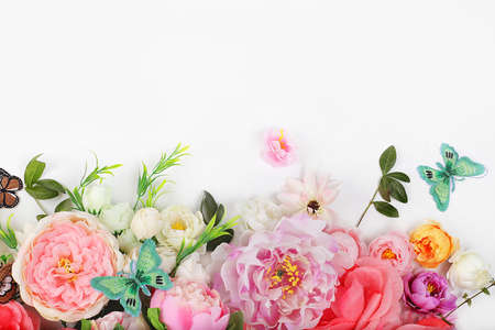 Spring or summer flower composition, still life, banner, minimal holiday concept. Greeting card for...