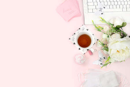 Modern woman working desk, home office.