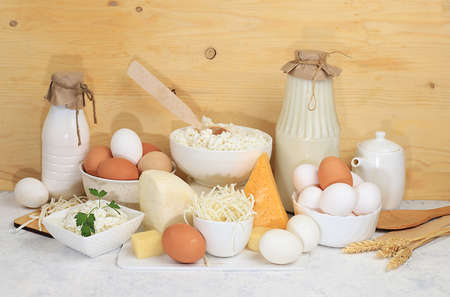 Assorted fresh dairy products, healthy breakfast with ingredientsの写真素材