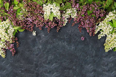 Abstract flower arrangement flat lay, background, spring banner. Frame made of lilac branches on a...