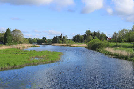 Beautiful landscape with a river or lake in summer on a bright sunny day, natural nature background,...