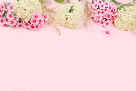 Abstract floral composition with place for text, still life, autumn banner, phlox and hydrangea on a...