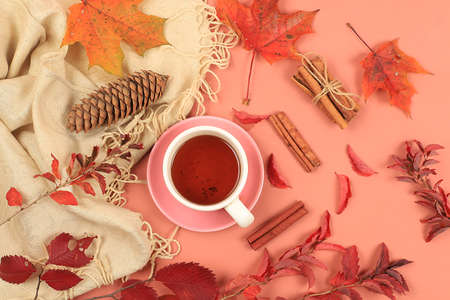Autumn composition flat lay, seasonal background with maple leaves, cinnamon and tea,. Happy...