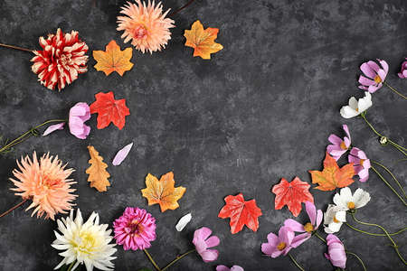 Autumn abstract composition, dahlias, leaves, chamomile on a dark old grunge background....