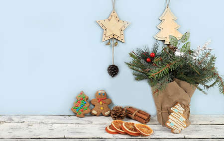 Christmas composition and zero waste trend with eco homemade packaging and wooden decorations on old...