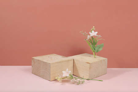 Abstract background with natural wooden podiums, empty showcase for display or presentation of cosmetic products, stage with geometric shapes, minimal ecology concept, selective focusの写真素材