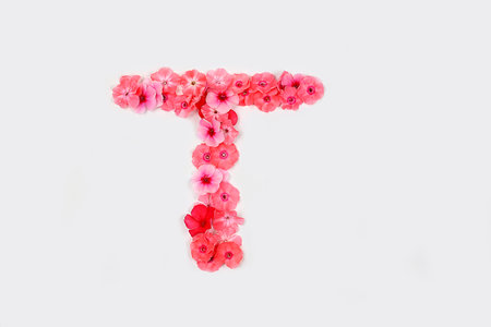 A letter T made from real fresh flowers. Creative floral font concept. Unique collection of letters and numbers for design. Spring, summer, autumn and valentines, creative idea, selective focusの写真素材