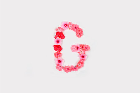 A letter G made from real fresh flowers. Creative floral font concept. Unique collection of letters and numbers for design. Spring, summer, autumn and valentines, creative idea, selective focusの写真素材