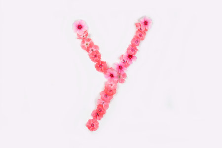 A letter Y made from real fresh flowers. Creative floral font concept. Unique collection of letters and numbers for design. Spring, summer, autumn and valentines, creative idea, selective focusの写真素材