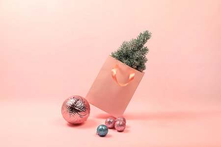 Christmas and New Year mockup for product design and showcase, abstract sale concept, minimal creative holiday composition with live christmas tree and gift boxes for shop or advertisement, banner,の写真素材