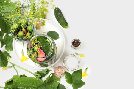 Cucumbers and ingredients for pickling them, the concept of home canning, healthy and natural food. Cucumbers, dill, garlic, currant leaves, cherries, horseradish, oak and basil, rustic pickle recipe, selective focusの写真素材