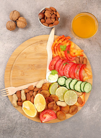 Intermittent post. Healthy breakfast with ingredients, diet food concept, healthy organic products for weight loss and weight loss, menu for cafe or restaurant, kitchen background, selective focusの写真素材