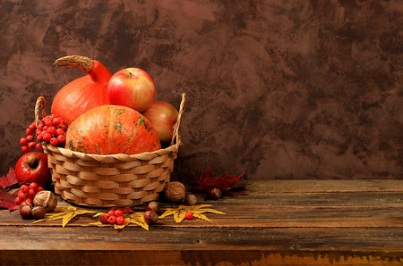 Autumn still life with apples, rowan berries, pumpkins, sunflower flowers on an old wooden table, background, Thanksgiving concept, rustic harvest, healthy natural food concept, banner for screen, advertising cafe, restaurant,の写真素材