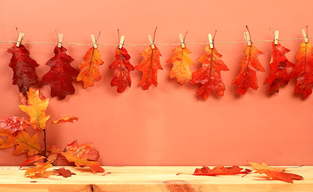 Empty wooden table for product display with maple leaves on brown background, minimal autumn...