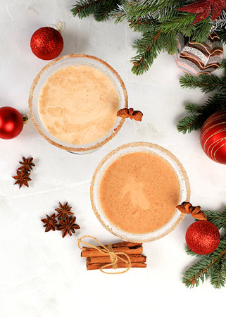 Christmas martini with cinnamon, nutmeg and dark chocolate on a background with fir branches, concept for Christmas and winter holidays. Warming milk drink during the cold season, selective focusの写真素材