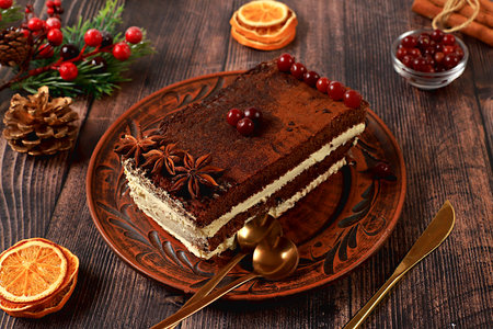 Homemade winter dessert, tiramisu with sweet cream filling, nuts, cinnamon and cranberries. Concept for holiday bakery, seasonal treats and cafe advertising, selective focusの写真素材