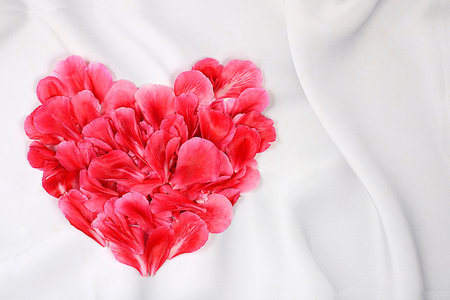 Abstract floral composition and greeting card with a heart of fresh flowers and rose petals,...