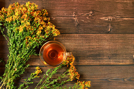 Medicinal herbal tea or Hypericum infusion in a glass cup with flowers, the concept of alternative traditional medicine, green pharmacy advertising, collection of healthy herbs for treatment according to folk recipes, source of vitamins,の写真素材