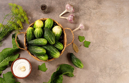 Fresh cucumbers in basket, spices, garlic and leaves on concrete kitchen table, homemade pickling recipe, village harvest, cucumbers and pickling ingredients, home canning concept,の写真素材