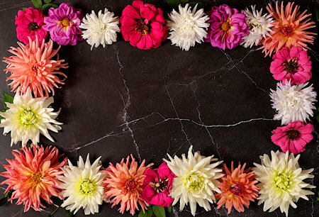 Abstract floral arrangement. Beautiful autumn banner with dahlias, gerberas and asters on dark marble background, holiday card, seasonal still life Hello, autumn , frame of seasonal flowers,の写真素材