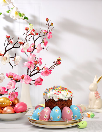 Happy Easter concept. Abstract Easter composition with traditional Russian kulich with meringue and...
