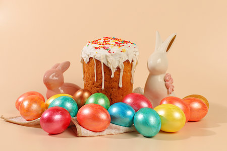 Festive Easter card with traditional Russian kulich with meringue and decorated colorful marble...