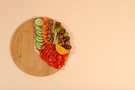 Diet food and raw food concept, healthy organic products for weight loss and weight reduction, intermittent fasting. Healthy breakfast with ingredients, menu for cafe or restaurant, kitchen background, selective focusの写真素材