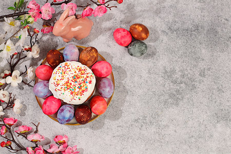 Traditional kulich and marbled Easter eggs painted with onion peel, hibiscus tea and pink matcha...