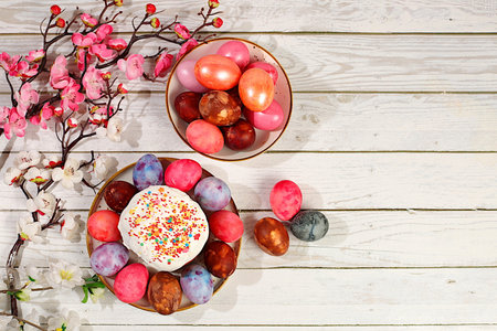 Traditional marbled Easter eggs painted with onion peel, hibiscus tea and pink matcha with sakura...