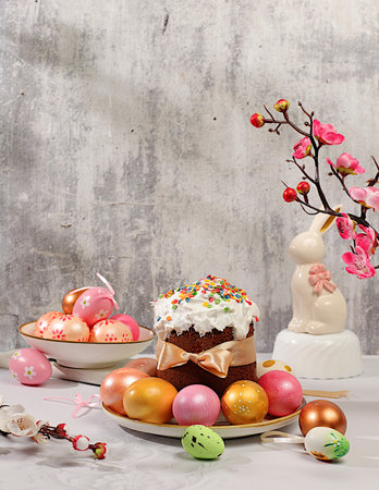 Traditional Easter cake and marble Easter eggs painted with onion peel, hibiscus tea and pink matcha...