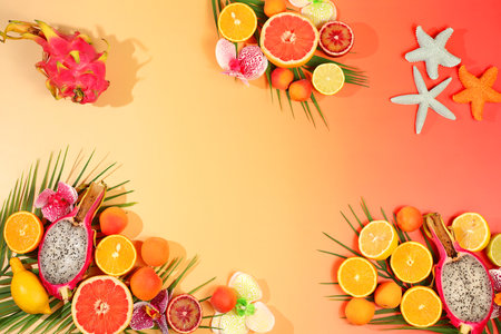 Summer in a snapshot,Dragon fruit,pitaya,oranges,apricots,orchid flowers,grapefruits and seashells on palm leaves,Tropical background with exotic fruits,template for your design,sunny banner,の写真素材