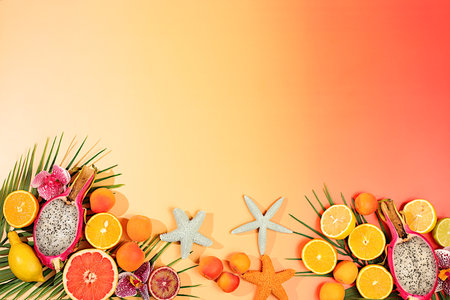 Tropical background with exotic fruits, Sunny banner. Summer in a snapshot, Dragon fruit, pitaya, oranges, apricots, orchid flowers, grapefruit and seashells on palm leaves, template for your designの写真素材