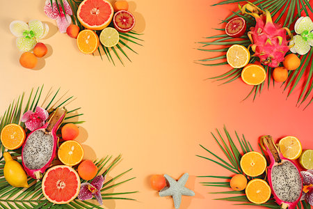 Summer in a snapshot,Dragon fruit,pitaya,oranges,lemons,apricots,orchid flowers,grapefruits on palm leaves,Tropical background with exotic fruits,template for your design,sunny banner,の写真素材