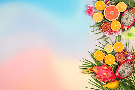 Summer in a snapshot. Dragon fruit, pitaya, oranges, lemons, orchid flowers on palm leaves, Tropical background with palm trees and exotic fruits, beautiful template for your design, bright sunny banner,の写真素材