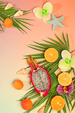 Dragon fruit, pitaya, oranges, apricots, orchid flowers, grapefruit and seashells on palm leaves, template for your design. Tropical background with exotic fruits, sunny banner. Summer in a snapshot,の写真素材