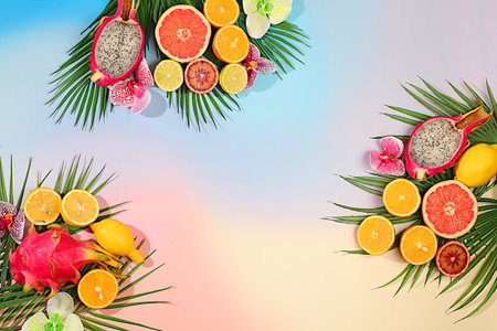 Tropical background with palm trees and exotic fruits, beautiful template for your design with space for text, bright sunny banner, dragon fruit, pitaya, oranges, lemons, orchid flowers on palm leaves.の写真素材