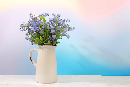 Beautiful spring forget-me-not flowers in vase on light background, flyer. Abstract flower...