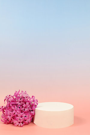 Creative template for your design.Empty product podium and spring flowers.Abstract flower arrangement with hyacinths, banner.Minimal modern aesthetics,elegant beauty concept,の写真素材