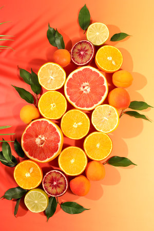 Summer in a snapshot, oranges, apricots, lemons, grapefruit on a bright background with shadows from a palm tree, Tropical background with exotic fruits, fruit sunny banner.の写真素材