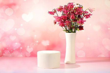 Abstract flower arrangement with empty podium for product display, template for display, Beautiful spring blooming columbine on sunny background, banner, still life with place for text, advertising flyerの写真素材