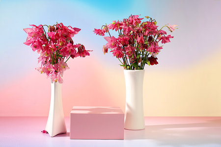 Abstract flower arrangement with empty podium for product display, template for display, Beautiful spring blooming columbine on sunny background, banner, still life with place for text, advertising flyerの写真素材